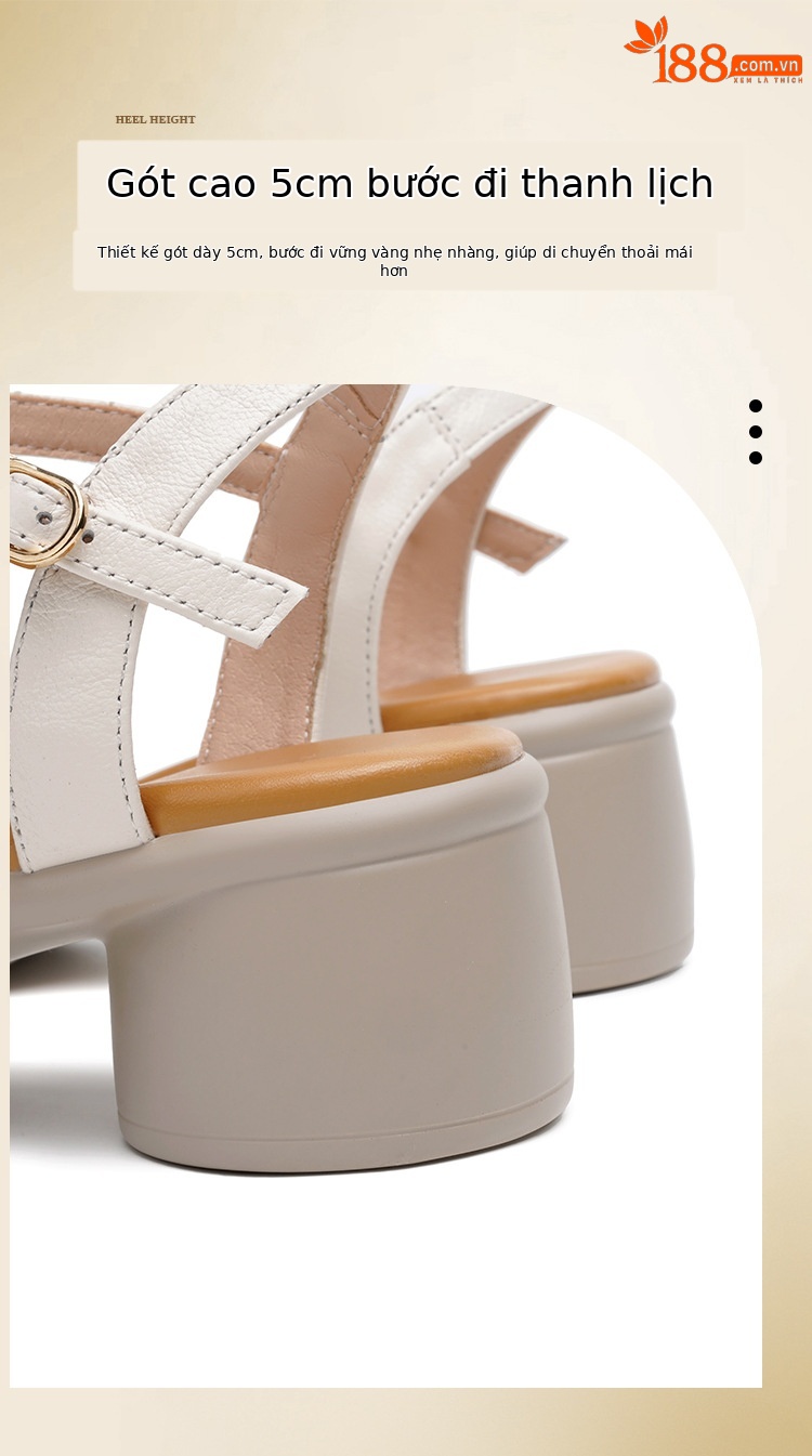 Sandal quai ngang đế dày da thật, giày nữ phối màu mùa hè, đế mềm gót thô — Màu đen chi tiết 8