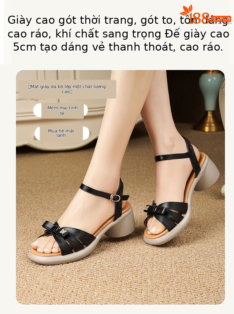 Sandal quai ngang đế dày da thật, giày nữ phối màu mùa hè, đế mềm gót thô — Màu đen chi tiết 13