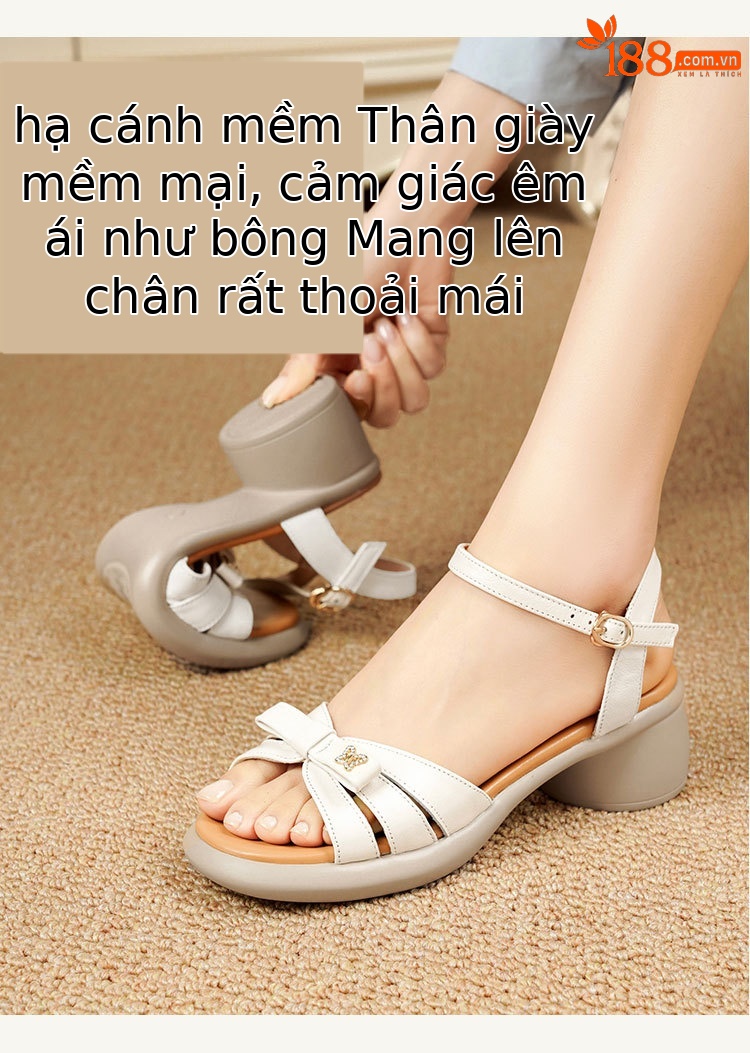 Sandal quai ngang đế dày da thật, giày nữ phối màu mùa hè, đế mềm gót thô — Màu đen chi tiết 15