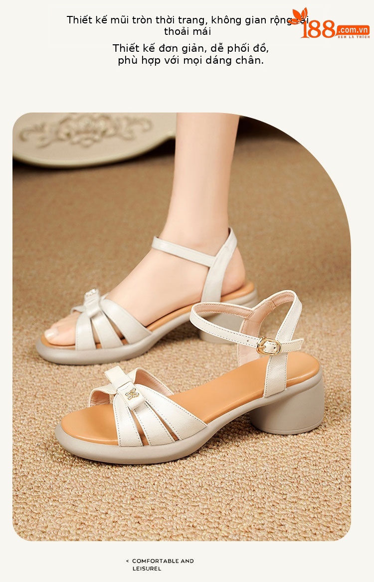 Sandal quai ngang đế dày da thật, giày nữ phối màu mùa hè, đế mềm gót thô — Màu đen chi tiết 16