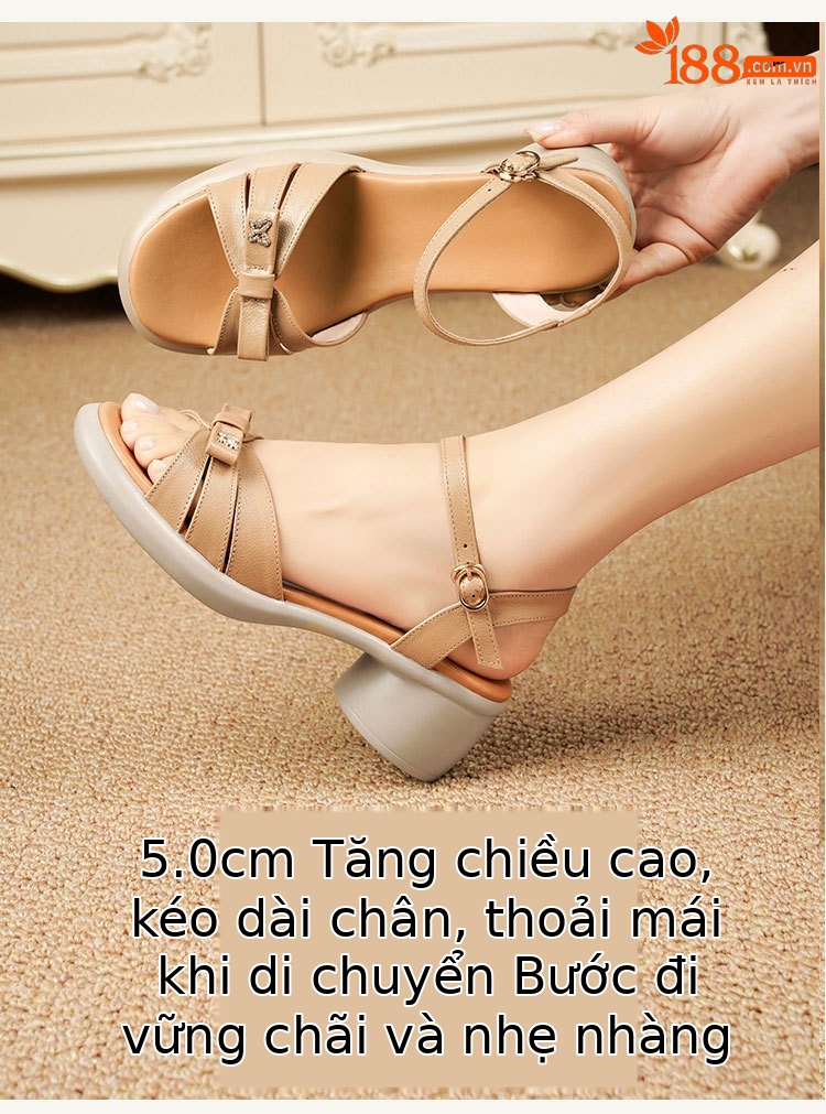 Sandal quai ngang đế dày da thật, giày nữ phối màu mùa hè, đế mềm gót thô — Màu đen chi tiết 19