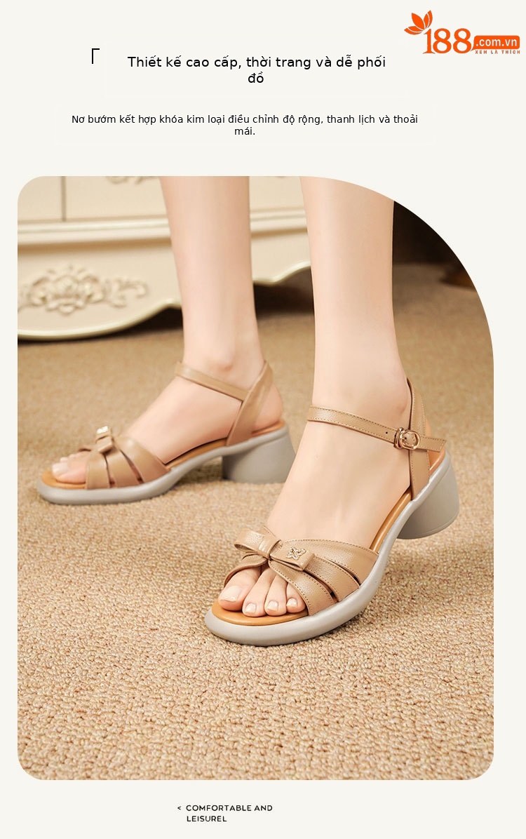Sandal quai ngang đế dày da thật, giày nữ phối màu mùa hè, đế mềm gót thô — Màu đen chi tiết 22