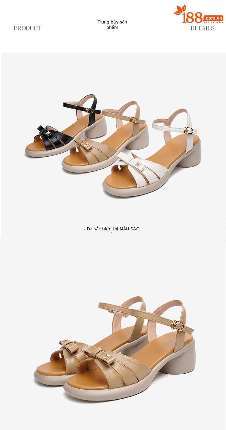 Sandal quai ngang đế dày da thật, giày nữ phối màu mùa hè, đế mềm gót thô — Màu đen chi tiết 24