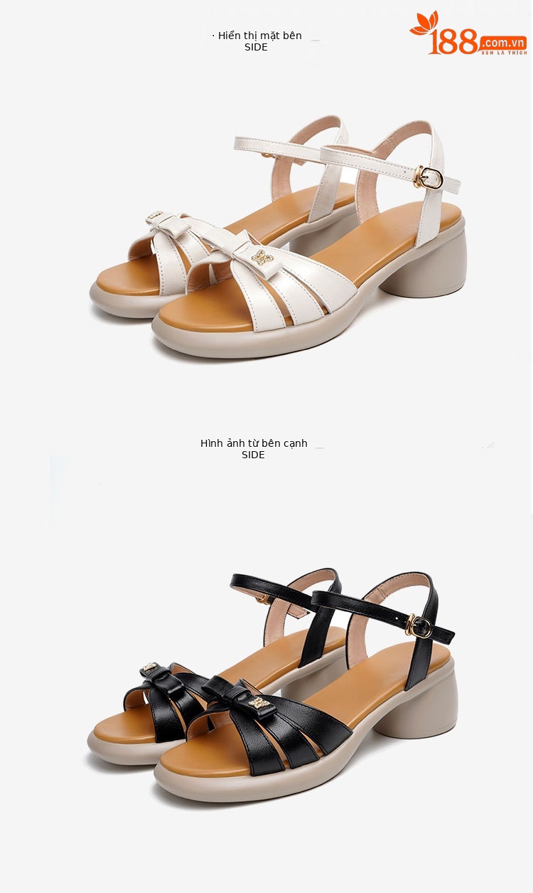 Sandal quai ngang đế dày da thật, giày nữ phối màu mùa hè, đế mềm gót thô — Màu đen chi tiết 25
