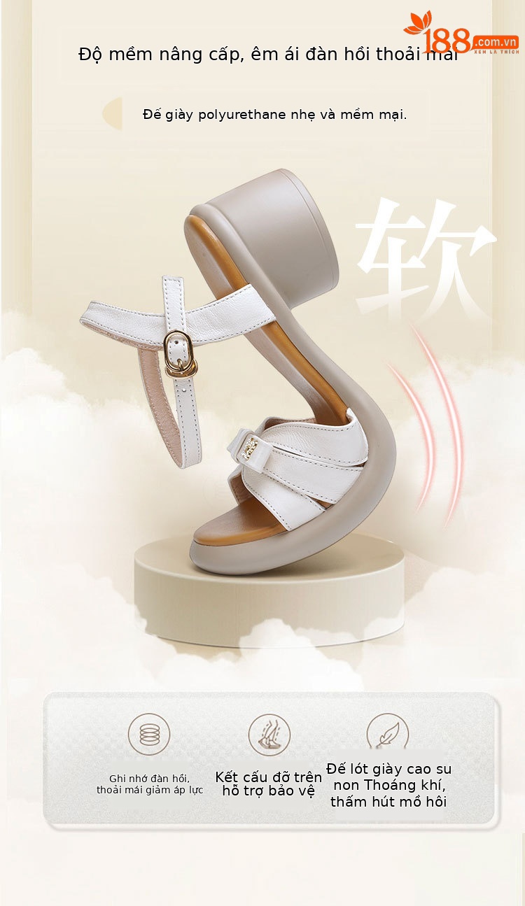 Sandal quai ngang đế dày da thật, giày nữ phối màu mùa hè, đế mềm gót thô — Màu đen chi tiết 5