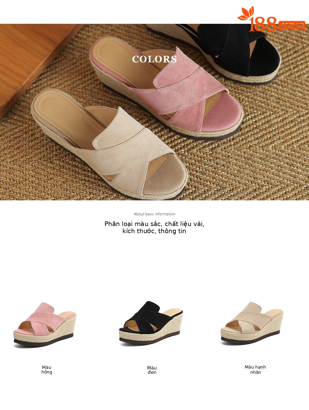 Dép sandal nữ quai ngang đế xuồng đan cói gót 7 cm — Màu đen chi tiết 4