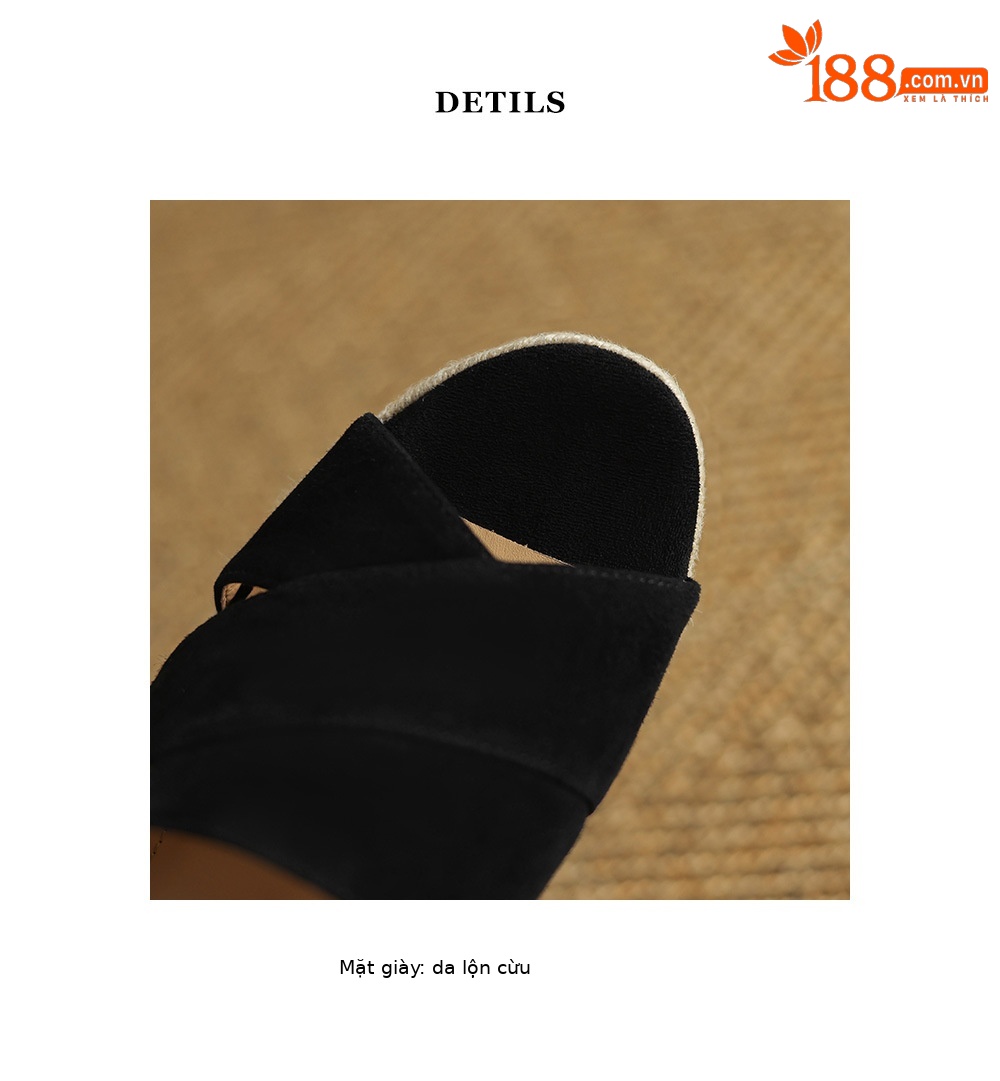 Dép sandal nữ quai ngang đế xuồng đan cói gót 7 cm — Màu đen chi tiết 24