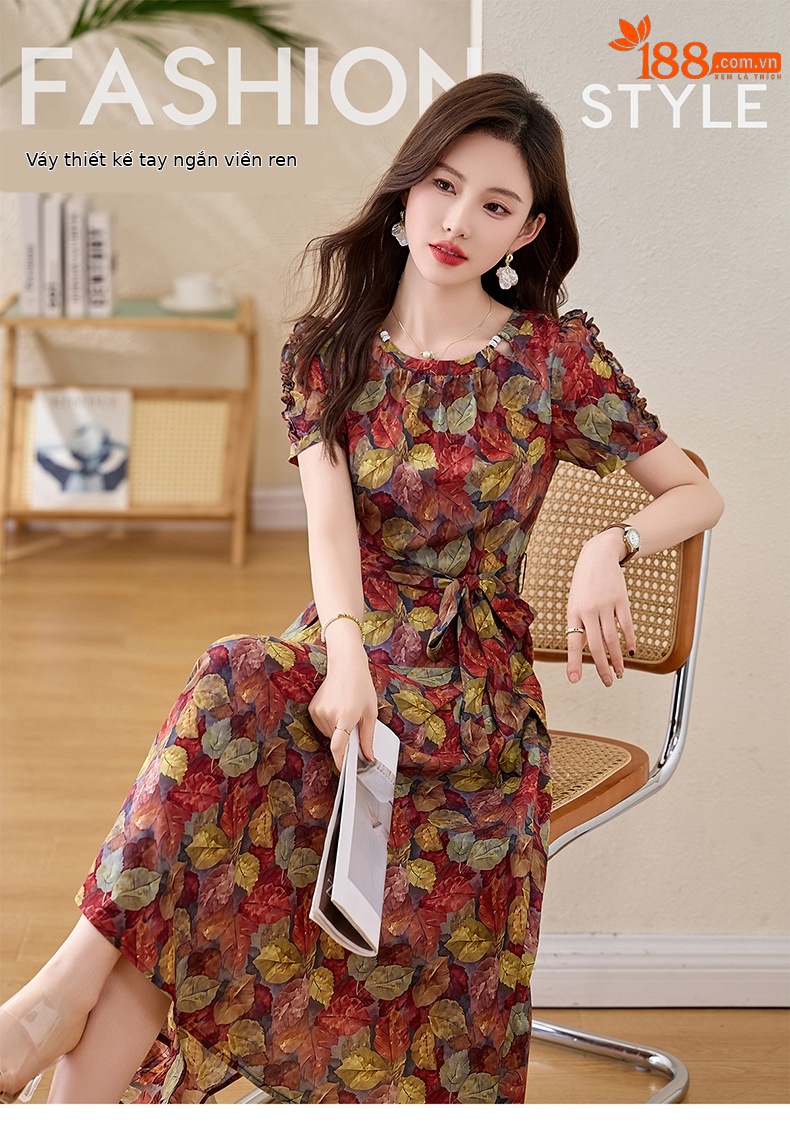 Váy liền hoa maxi nữ thắt eo thanh lịch mùa hè 2025 tay ngắn ôm eo — hoa đỏ, hoa hồng chi tiết 1