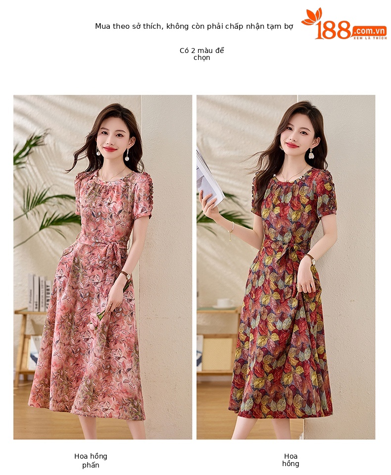 Váy liền hoa maxi nữ thắt eo thanh lịch mùa hè 2025 tay ngắn ôm eo — hoa đỏ, hoa hồng chi tiết 4
