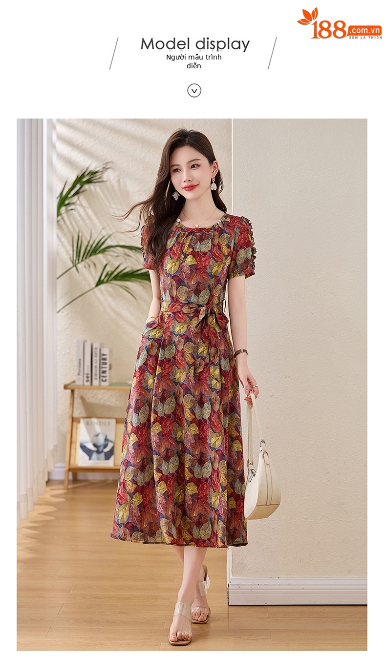 Váy liền hoa maxi nữ thắt eo thanh lịch mùa hè 2025 tay ngắn ôm eo — hoa đỏ, hoa hồng chi tiết 9