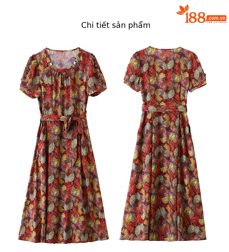 Váy liền hoa maxi nữ thắt eo thanh lịch mùa hè 2025 tay ngắn ôm eo — hoa đỏ, hoa hồng chi tiết 23