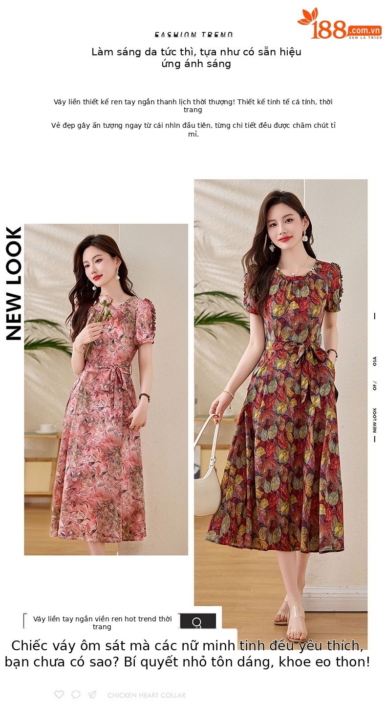 Váy liền hoa maxi nữ thắt eo thanh lịch mùa hè 2025 tay ngắn ôm eo — hoa đỏ, hoa hồng chi tiết 2