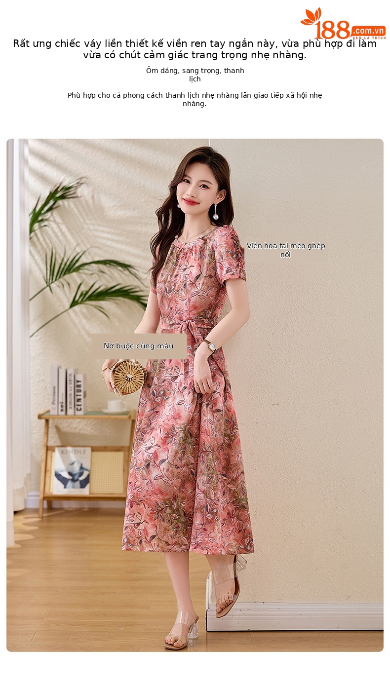 Váy liền hoa maxi nữ thắt eo thanh lịch mùa hè 2025 tay ngắn ôm eo — hoa đỏ, hoa hồng chi tiết 3