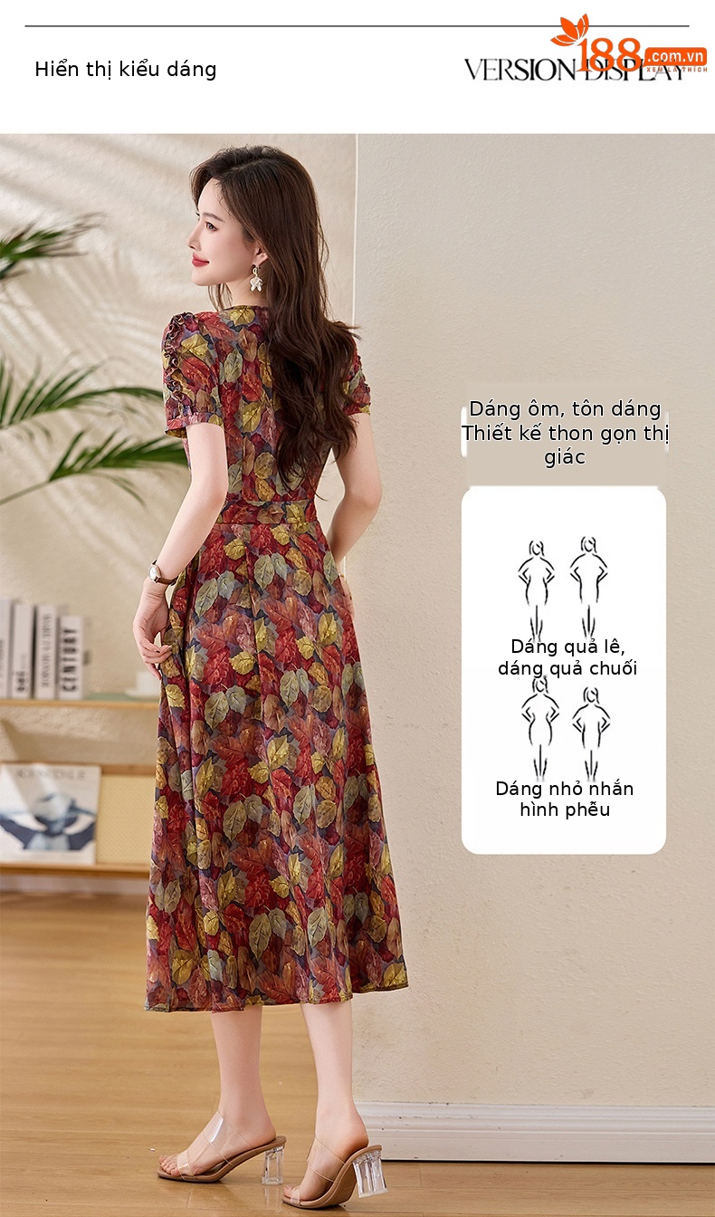 Váy liền hoa maxi nữ thắt eo thanh lịch mùa hè 2025 tay ngắn ôm eo — hoa đỏ, hoa hồng chi tiết 7
