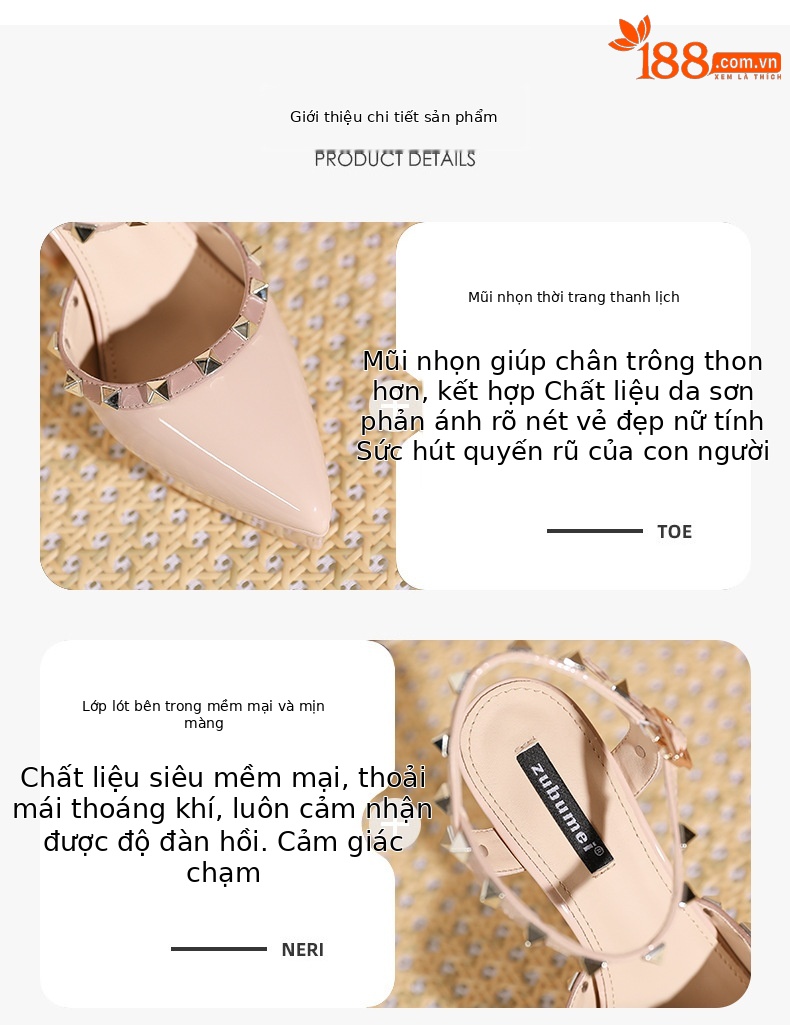 Sandal cao gót nữ mũi nhọn đinh tán gót nhọn — Màu đen chi tiết 2
