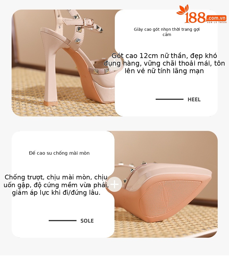 Sandal cao gót nữ mũi nhọn đinh tán gót nhọn — Màu đen chi tiết 3