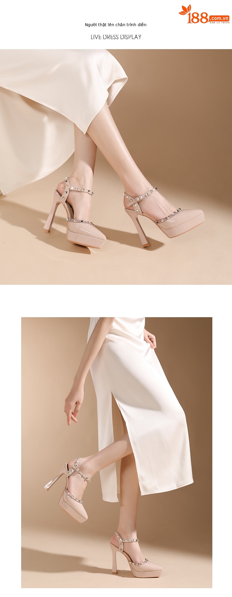 Sandal cao gót nữ mũi nhọn đinh tán gót nhọn — Màu đen chi tiết 4