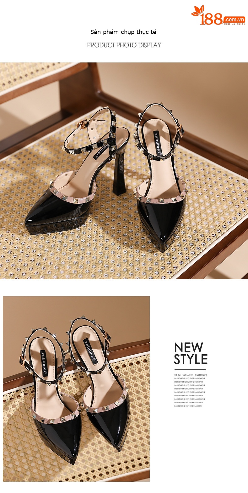 Sandal cao gót nữ mũi nhọn đinh tán gót nhọn — Màu đen chi tiết 8