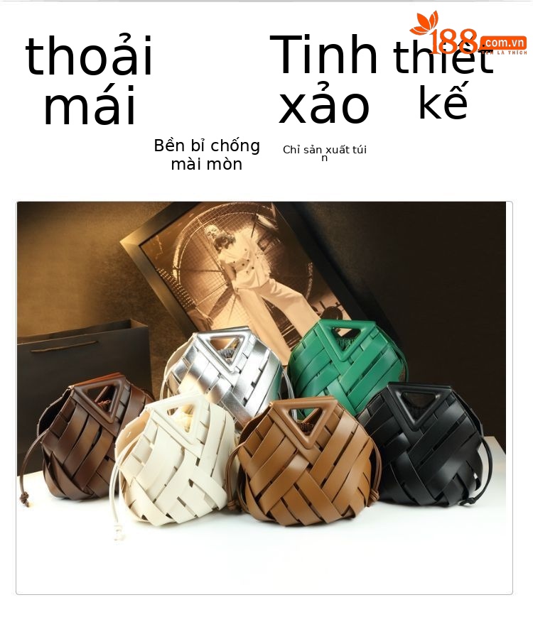 Túi bucket nữ da thật kiểu giỏ rau đan lỗ, đeo vai đeo chéo — Màu nâu, Màu đen, Màu trắng, Màu xanh lục đậm chi tiết 4
