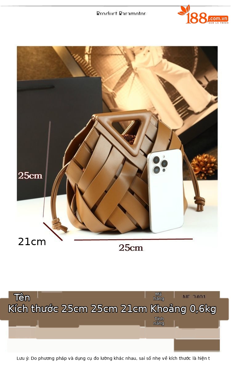 Túi bucket nữ da thật kiểu giỏ rau đan lỗ, đeo vai đeo chéo — Màu nâu, Màu đen, Màu trắng, Màu xanh lục đậm chi tiết 3
