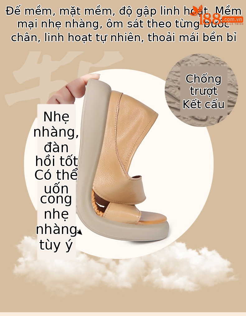 Sandal nữ đế dày đế bằng da thật mềm chống trượt mùa hè — nâu chi tiết 4