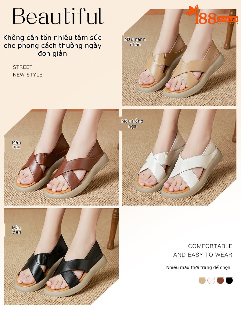 Sandal nữ đế dày đế bằng da thật mềm chống trượt mùa hè — nâu chi tiết 5