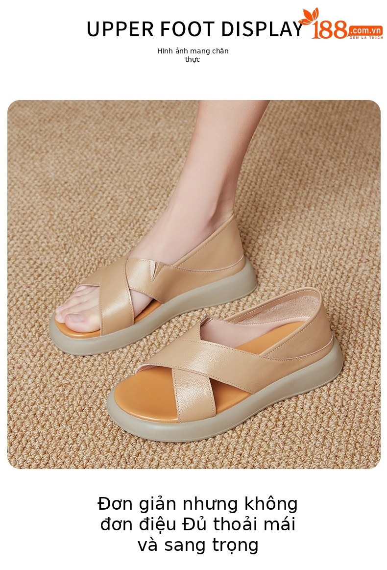 Sandal nữ đế dày đế bằng da thật mềm chống trượt mùa hè — nâu chi tiết 11