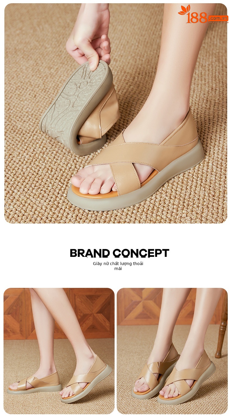 Sandal nữ đế dày đế bằng da thật mềm chống trượt mùa hè — nâu chi tiết 12