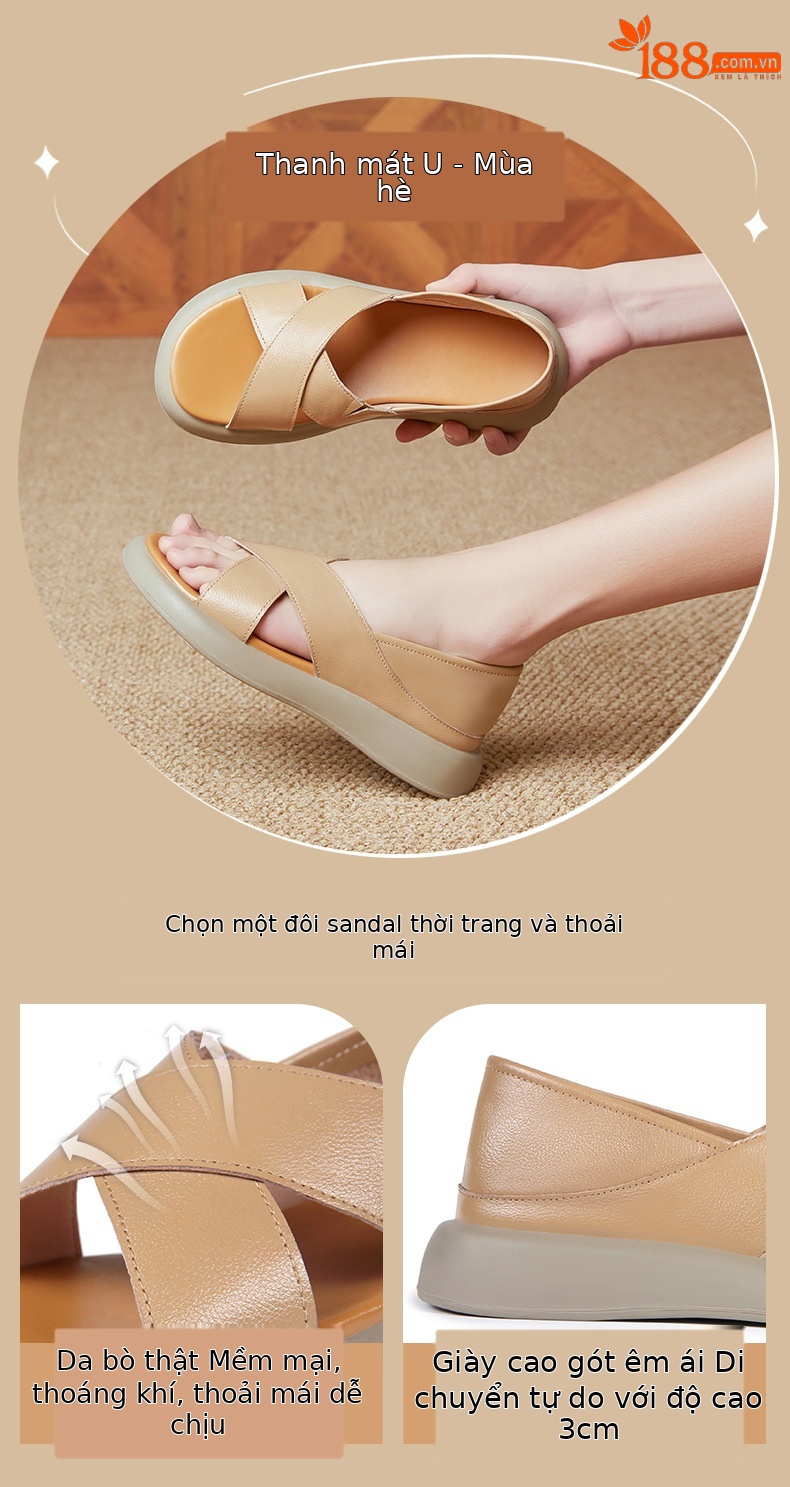 Sandal nữ đế dày đế bằng da thật mềm chống trượt mùa hè — nâu chi tiết 3