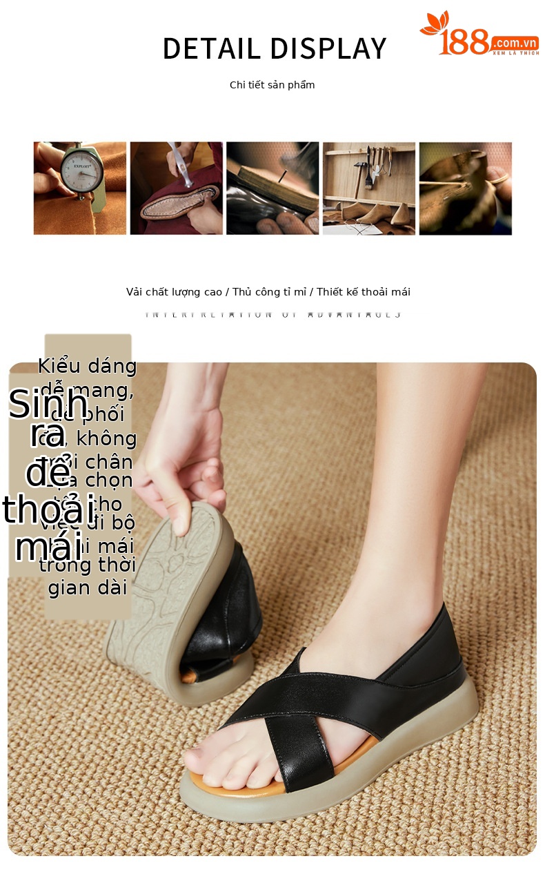 Sandal nữ đế dày đế bằng da thật mềm chống trượt mùa hè — nâu chi tiết 7
