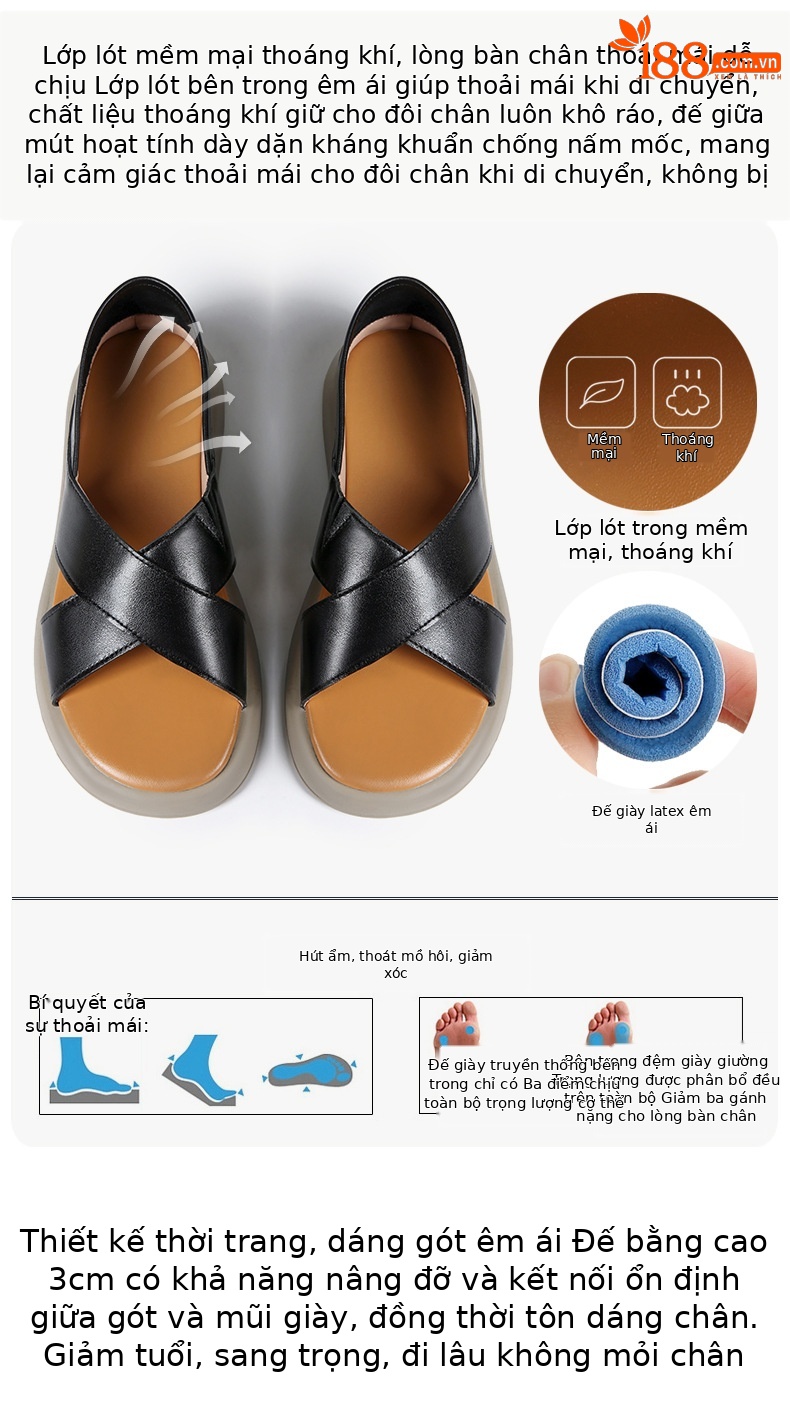 Sandal nữ đế dày đế bằng da thật mềm chống trượt mùa hè — nâu chi tiết 9
