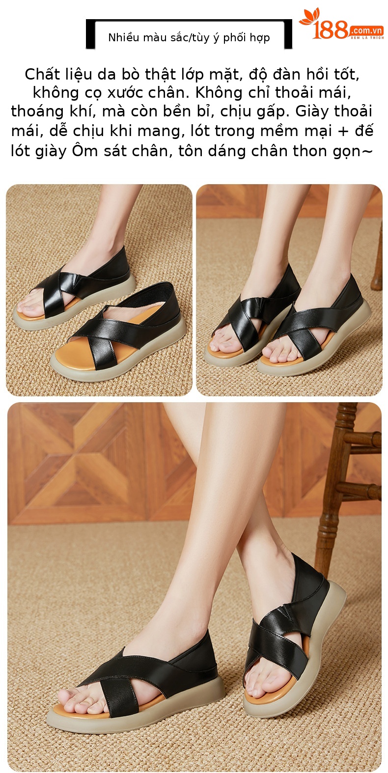 Sandal nữ đế dày đế bằng da thật mềm chống trượt mùa hè — nâu chi tiết 20