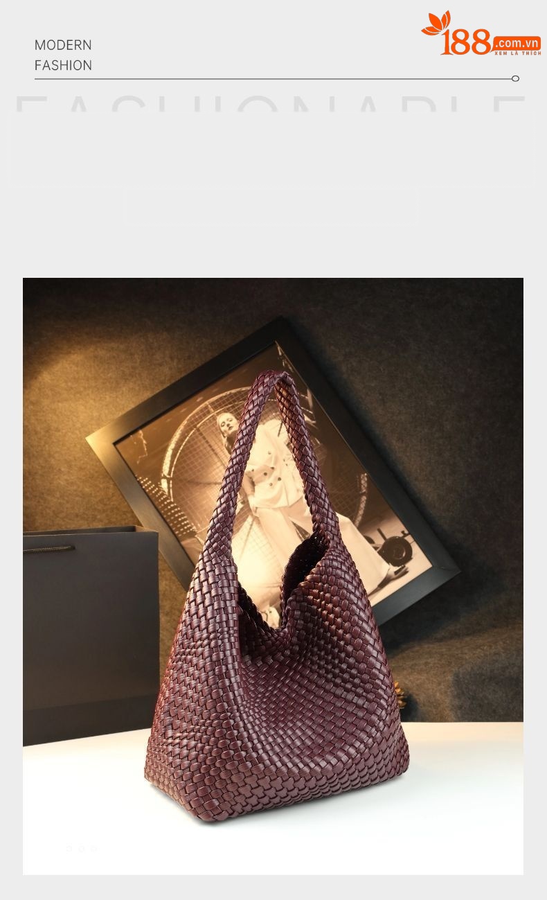 Túi tote vải handmade dệt thủ công cỡ lớn kiểu giỏ mây, phong cách cổ điển — Màu đỏ rượu, Màu nâu, Màu xanh lục đậm, Màu xám đậm chi tiết 1
