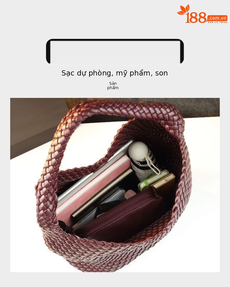 Túi tote vải handmade dệt thủ công cỡ lớn kiểu giỏ mây, phong cách cổ điển — Màu đỏ rượu, Màu nâu, Màu xanh lục đậm, Màu xám đậm chi tiết 6