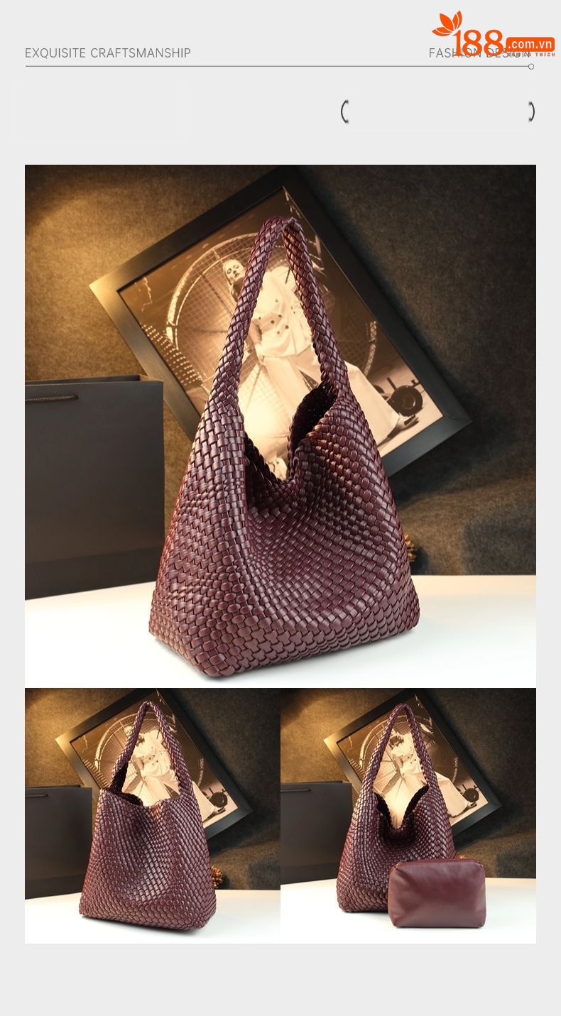 Túi tote vải handmade dệt thủ công cỡ lớn kiểu giỏ mây, phong cách cổ điển — Màu đỏ rượu, Màu nâu, Màu xanh lục đậm, Màu xám đậm chi tiết 7