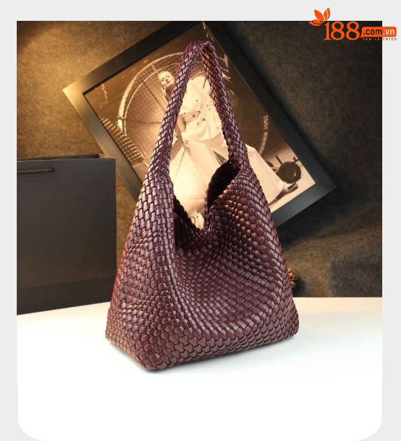 Túi tote vải handmade dệt thủ công cỡ lớn kiểu giỏ mây, phong cách cổ điển — Màu đỏ rượu, Màu nâu, Màu xanh lục đậm, Màu xám đậm chi tiết 18