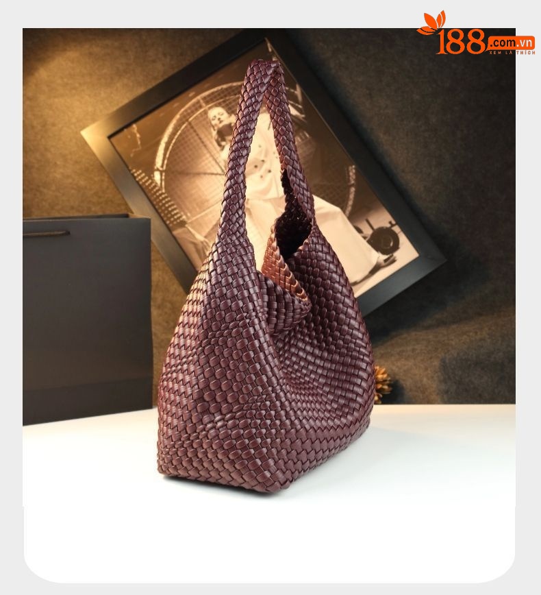Túi tote vải handmade dệt thủ công cỡ lớn kiểu giỏ mây, phong cách cổ điển — Màu đỏ rượu, Màu nâu, Màu xanh lục đậm, Màu xám đậm chi tiết 19