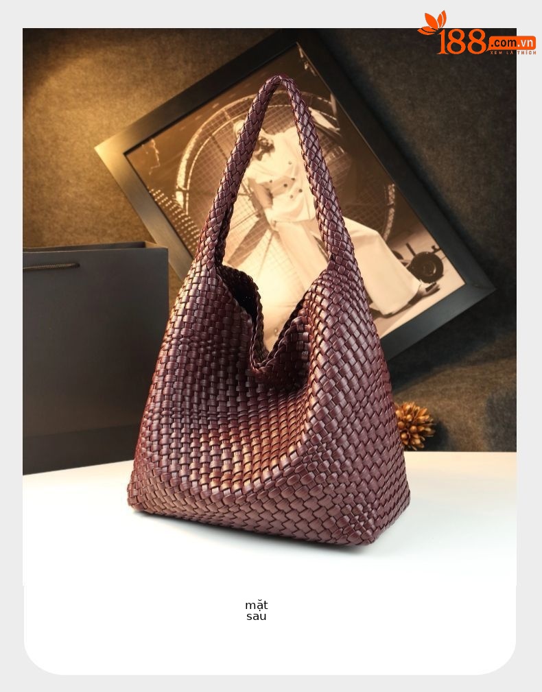 Túi tote vải handmade dệt thủ công cỡ lớn kiểu giỏ mây, phong cách cổ điển — Màu đỏ rượu, Màu nâu, Màu xanh lục đậm, Màu xám đậm chi tiết 20