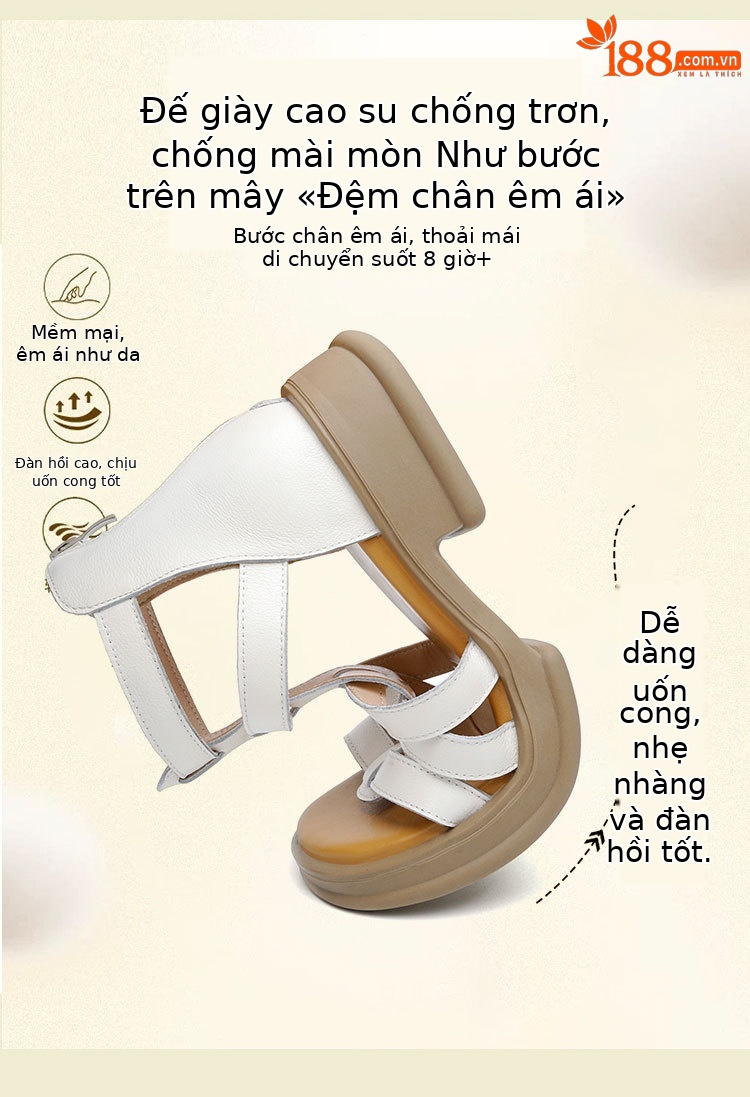 Sandal da thật quai chữ V đế dày mềm mại cho nữ — Màu đen chi tiết 4