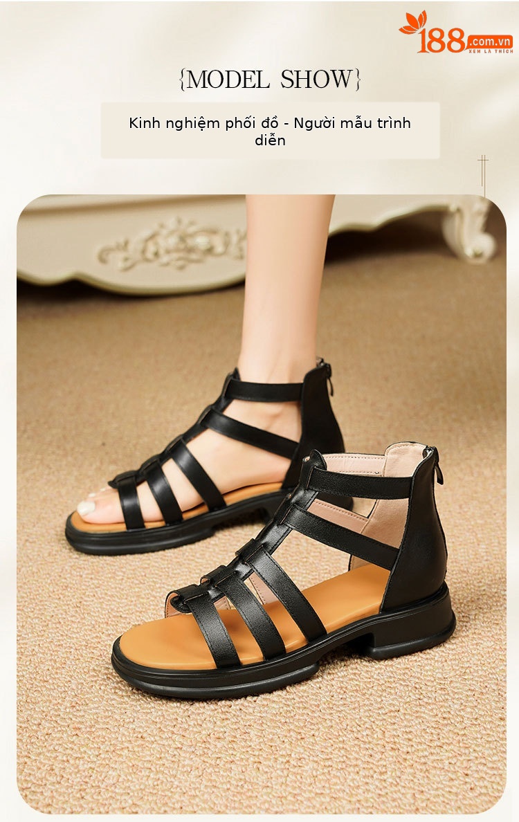 Sandal da thật quai chữ V đế dày mềm mại cho nữ — Màu đen chi tiết 11