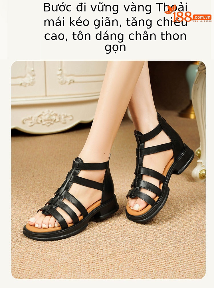 Sandal da thật quai chữ V đế dày mềm mại cho nữ — Màu đen chi tiết 12