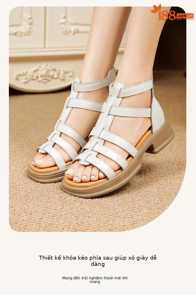 Sandal da thật quai chữ V đế dày mềm mại cho nữ — Màu đen chi tiết 16