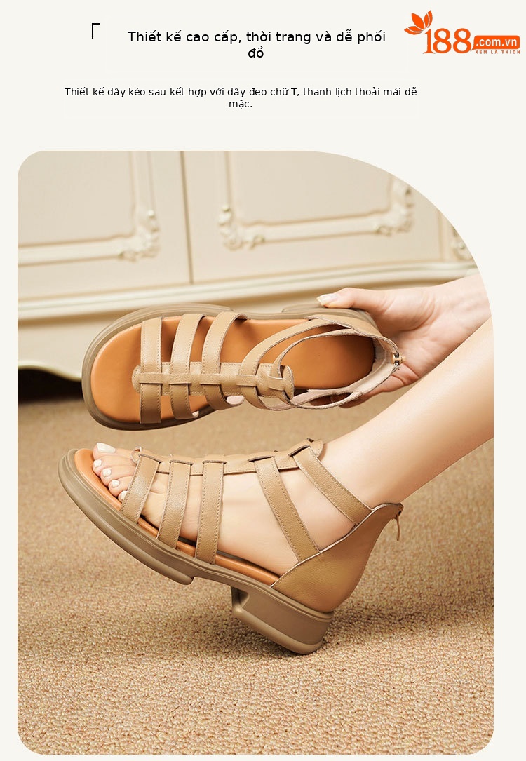 Sandal da thật quai chữ V đế dày mềm mại cho nữ — Màu đen chi tiết 22