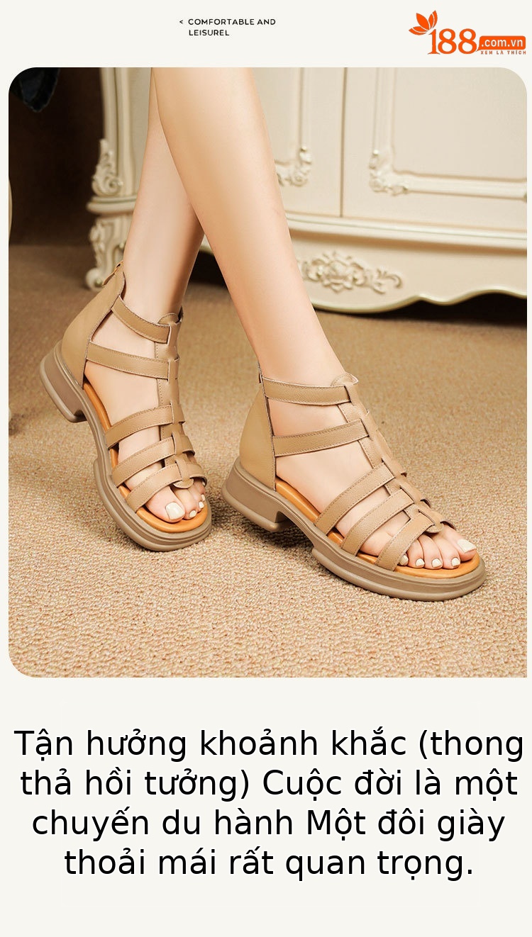 Sandal da thật quai chữ V đế dày mềm mại cho nữ — Màu đen chi tiết 23