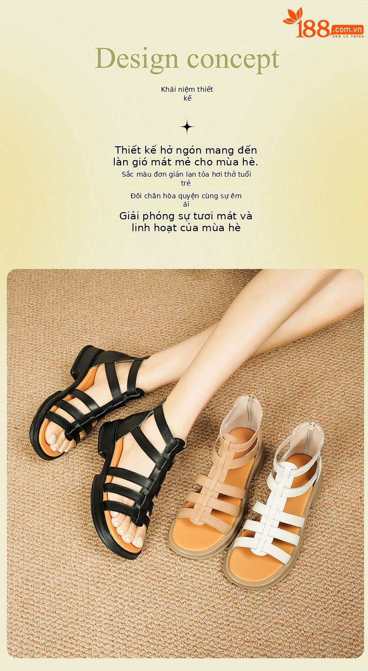 Sandal da thật quai chữ V đế dày mềm mại cho nữ — Màu đen chi tiết 2