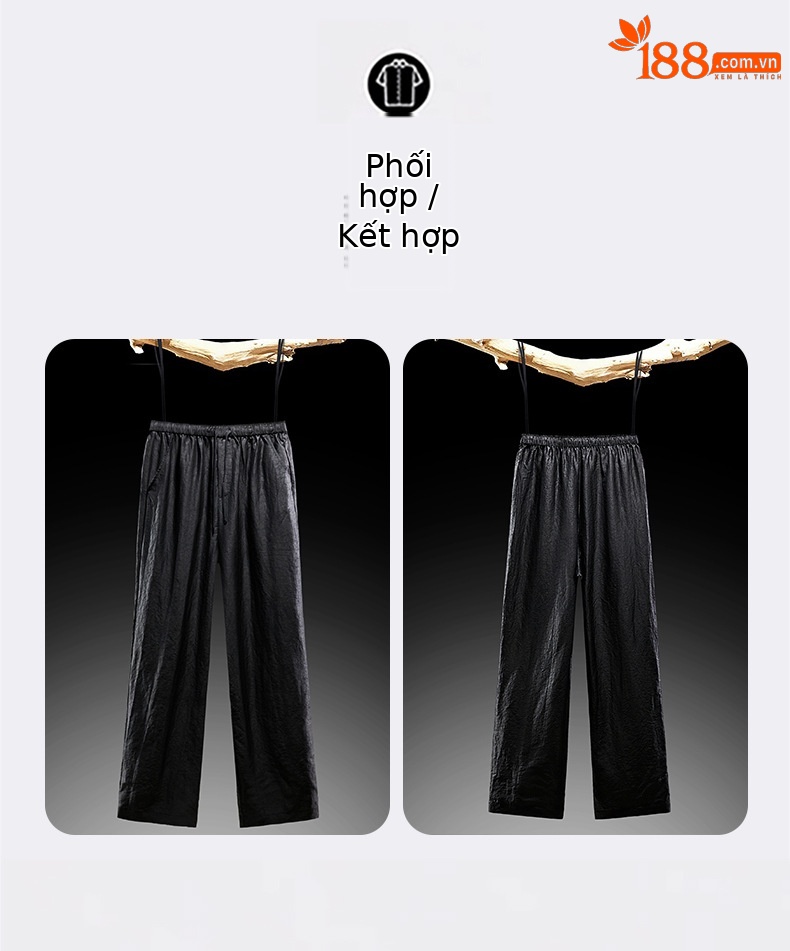 Quần dài nam lụa dâu tằm dáng rộng vintage mỏng nhẹ mùa hè — JR8868 màu đen chi tiết 7