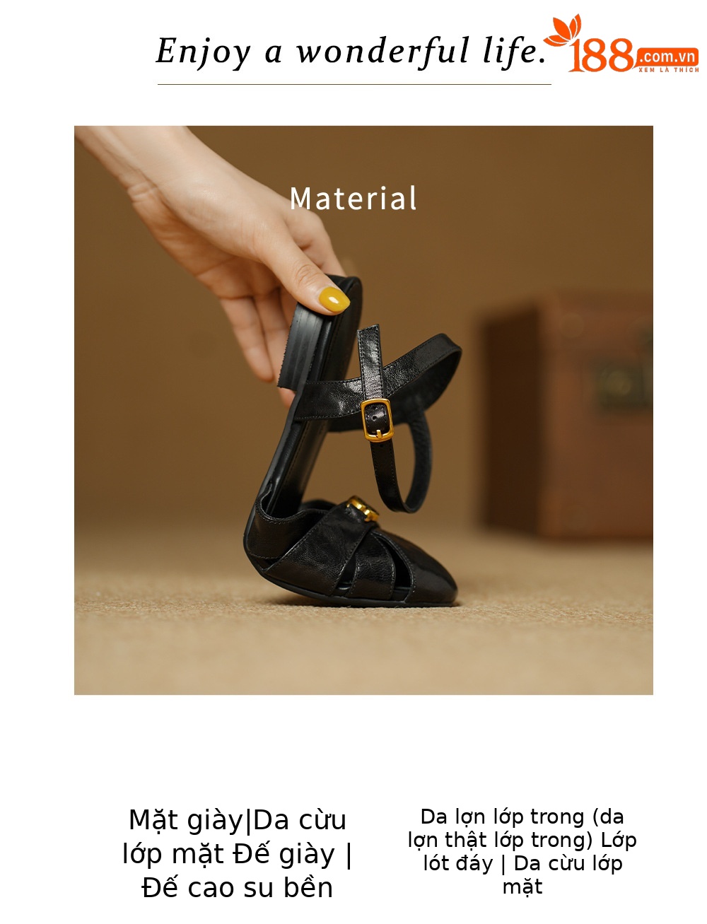 Sandal nữ bít mũi da cừu quai ngang hoa trà đế thấp — Màu đen chi tiết 3