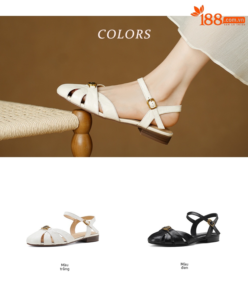 Sandal nữ bít mũi da cừu quai ngang hoa trà đế thấp — Màu đen chi tiết 4