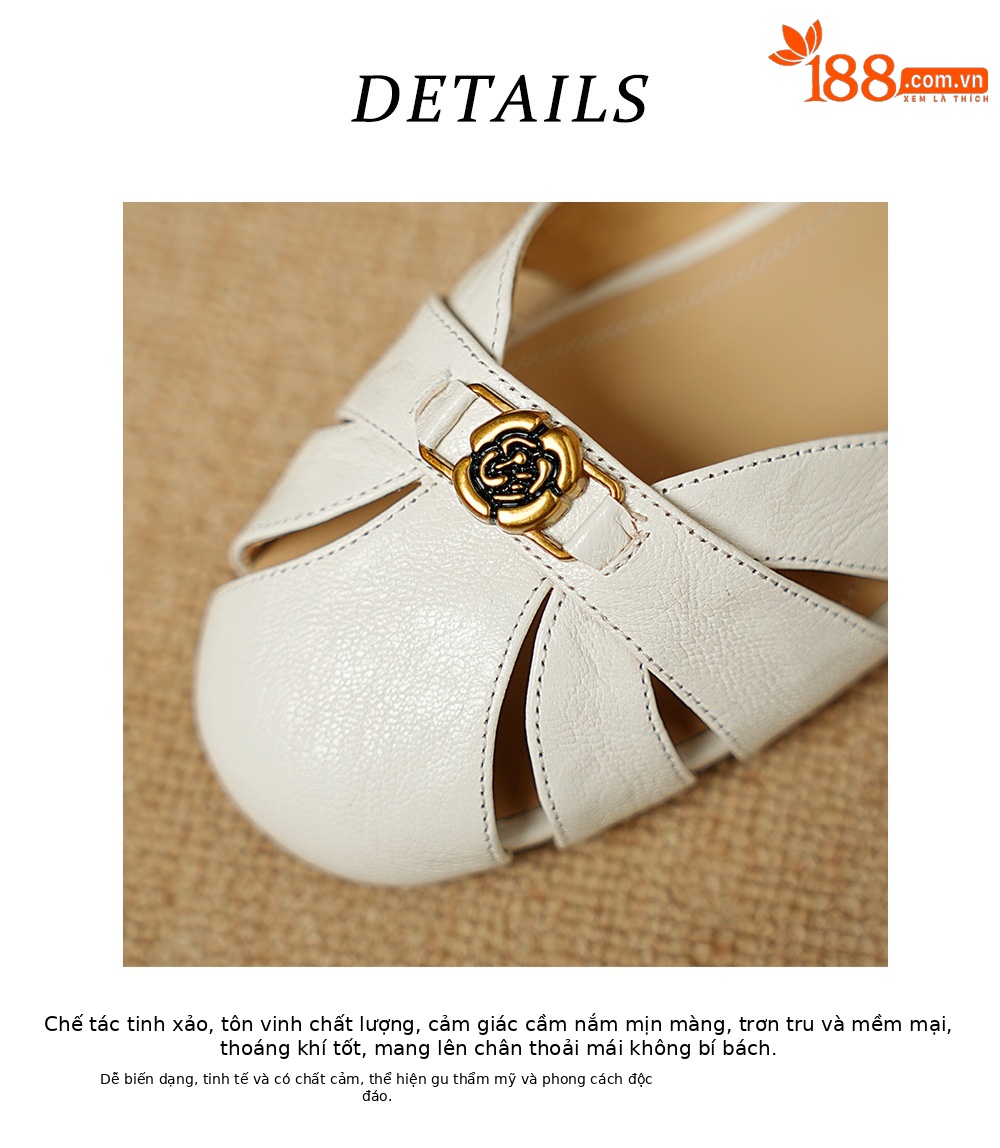 Sandal nữ bít mũi da cừu quai ngang hoa trà đế thấp — Màu đen chi tiết 17