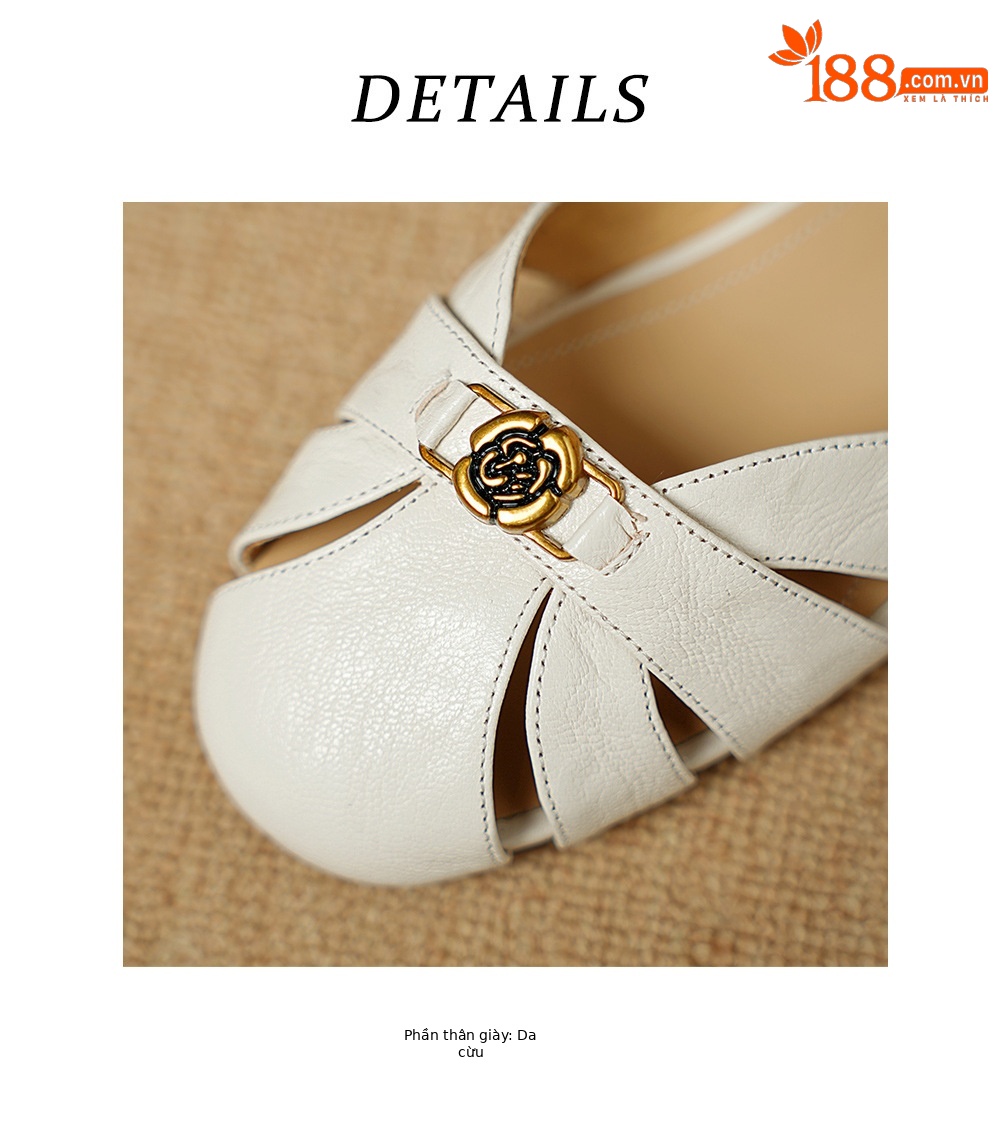 Sandal nữ bít mũi da cừu quai ngang hoa trà đế thấp — Màu đen chi tiết 18